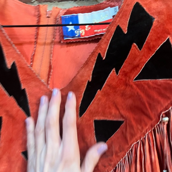 Vintage Custom Made burnt orange & black suede top with fringe beads and boning - Picture 9 of 16